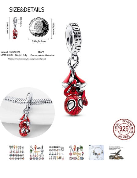 Marvel Spiderman Charm - 925 Sterling Silver (Red)