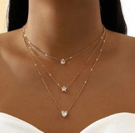 Beautiful Layered Pendant Necklace with with Crystal Zircon, Heart, Star